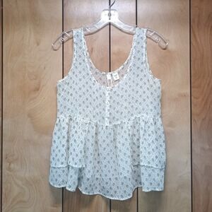 Route 66 Womens M Floral Babydoll Tank Top Cream Green Tiered Ruffle Sheer Y2K